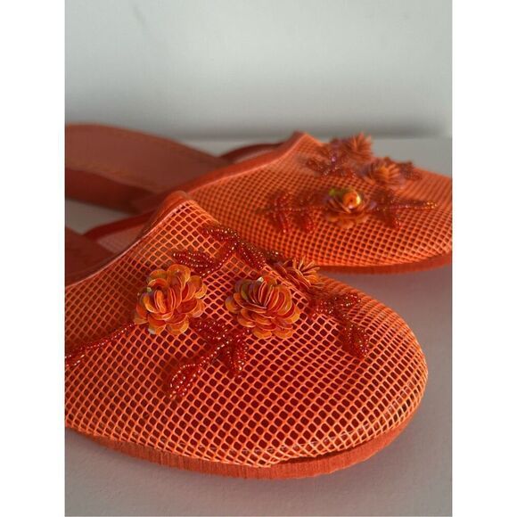 Peachy Orange Mesh Slippers With Sequin Flowers Size 10 - Picture 5 of 6